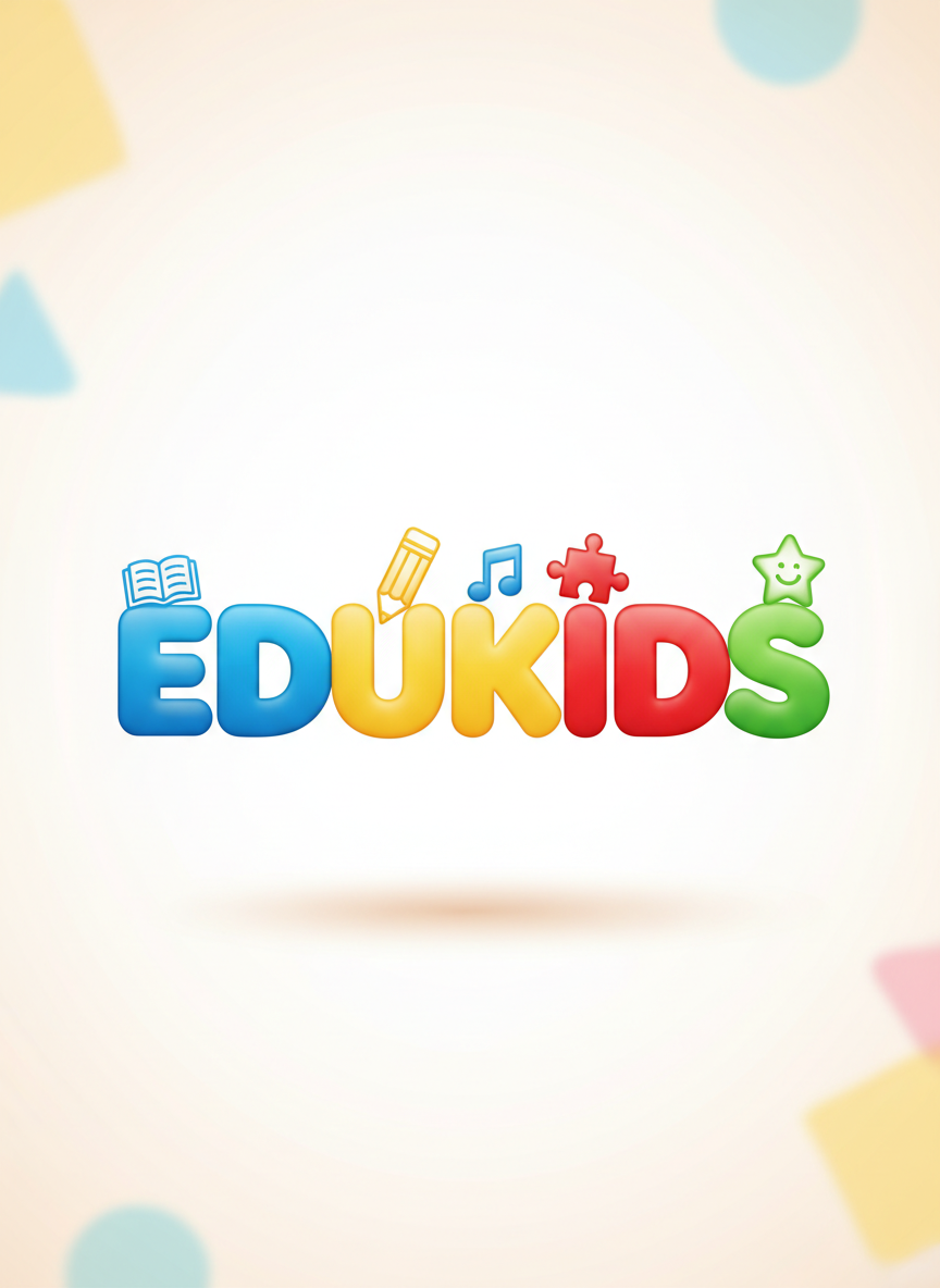 Un colorido logotipo digital-art para un blog llamado “EDUKIDS”, formado por letras volumétricas grandes, suaves y redondeadas en tonos brillantes de azul, amarillo, rojo y verde, con textura satinada y sutil brillo. Cada letra está decorada con pequeños iconos infantiles: un libro abierto, un lápiz grueso, una nota musical, un rompecabezas y una estrella sonriente, todos en estilo ilustración digital limpio. El logotipo flota sobre un fondo blanco cálido con suaves formas geométricas pastel desdibujadas. La iluminación parece una luz de mañana suave que resalta los bordes y crea sombras ligeras. Composición centrada, con mucho espacio en blanco alrededor para transmitir claridad, juego y aprendizaje divertido, en un estilo vibrante, moderno y muy amigable para niños de 3 a 5 años.