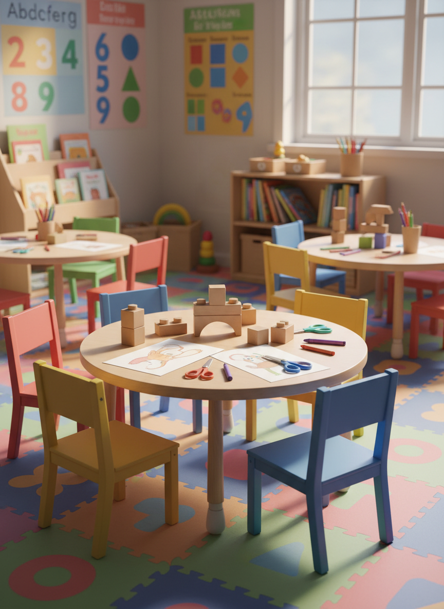 Una acogedora escena de aula infantil en estilo digital-art, sin personas, con pequeñas mesas redondas de madera clara y sillas diminutas de colores vivos, cuidadosamente ordenadas. Sobre las mesas hay bloques de construcción grandes, lápices gruesos de cera, tijeras de punta redonda y hojas con dibujos sencillos de animales. Al fondo, una estantería baja llena de cuentos ilustrados de portadas llamativas y cajas etiquetadas con juguetes. Las paredes muestran carteles de números, figuras geométricas y el abecedario en tonos alegres. Luz natural suave entra por una gran ventana, creando reflejos cálidos en el suelo de goma eva multicolor. Vista a nivel del suelo, enfoque nítido, atmósfera segura, divertida y educativa, pensada para niños de 3 a 5 años.