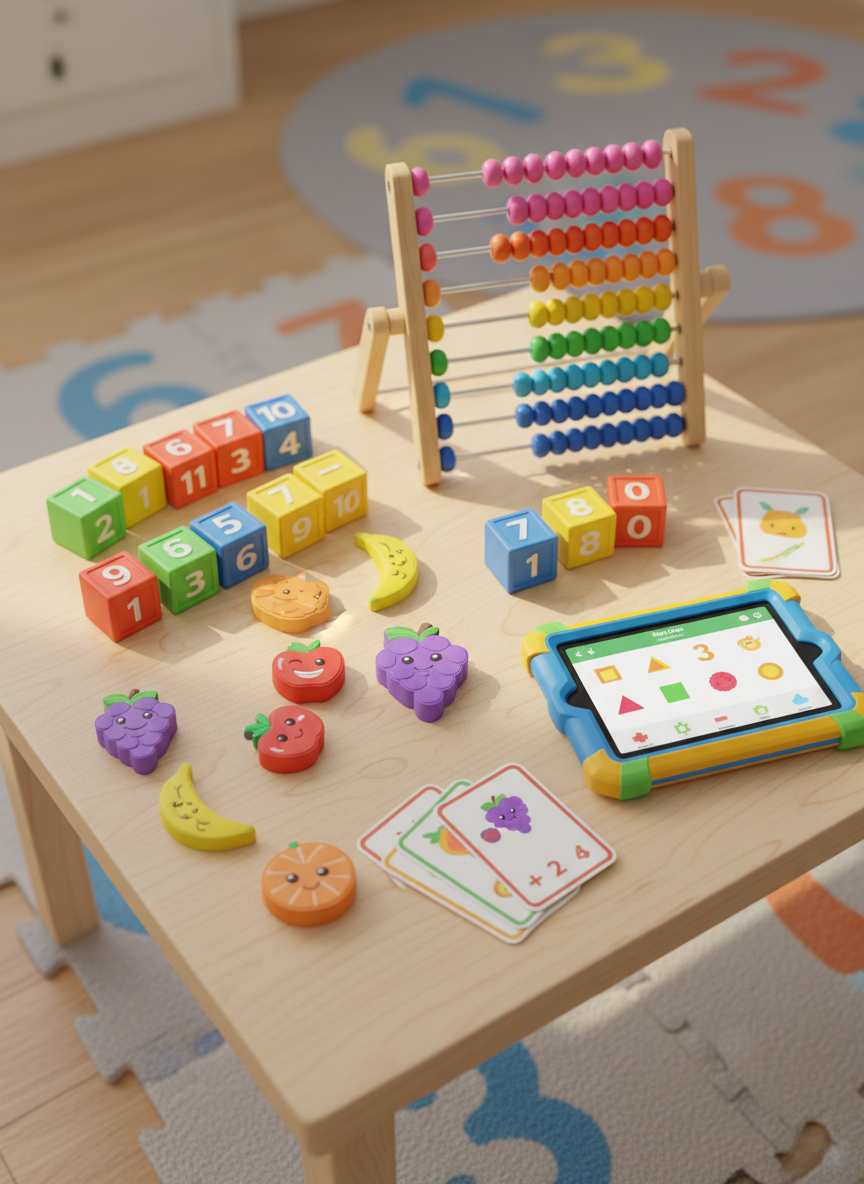 Una mesa baja de madera clara vista desde arriba en digital-art, preparada para una sesión de matemáticas divertidas para niños de 3 a 5 años. Sobre la superficie hay fichas de conteo con textura de goma en forma de frutas sonrientes, cubos de colores numerados, un ábaco de cuentas grandes brillantes y tarjetas con operaciones sencillas ilustradas con dibujos. A un lado, una tablet robusta con funda de silicona de colores muestra una app educativa con formas animadas. La luz es de mañana, suave y difusa, entrando desde un lateral e iluminando los objetos con reflejos cálidos. Fondo ligeramente desenfocado con suelo de goma eva y una alfombra con números. Composición equilibrada, atmósfera de juego, concentración y descubrimiento.