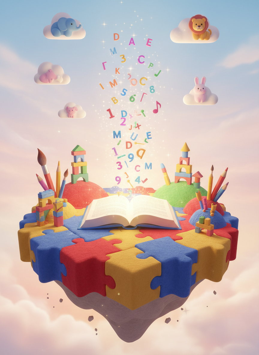 Un mundo fantástico de aprendizaje infantil en digital-art: una isla flotante hecha de piezas de rompecabezas gigantes en colores primarios, unidas como un suelo esponjoso. En el centro, un gran libro abierto brilla suavemente, de cuyas páginas salen números tridimensionales, letras de colores y notas musicales que flotan en el aire. Alrededor del libro hay pequeños montes con lápices gigantes, pinceles y bloques de construcción apilados como castillos. El cielo es un degradado pastel de azul a rosa con nubes en forma de animales. Una luz tipo atardecer dorado baña la escena, creando destellos suaves y sombra delicada. Composición ligeramente en picado, atmósfera mágica, lúdica y muy colorida, representando que aprender es una aventura.